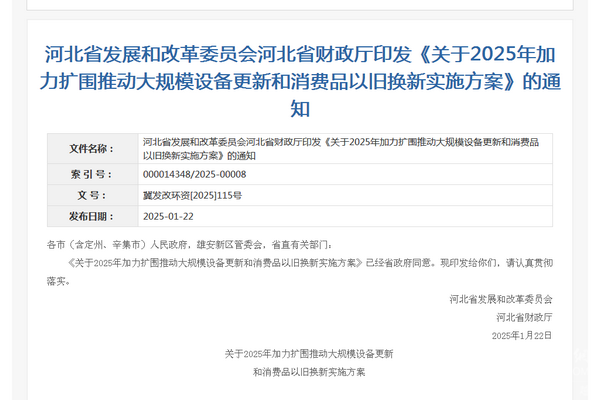 彩神vll河北省2025年加力扩围推动大规模设备更新和消费品以旧换新实施方案发布(图1)